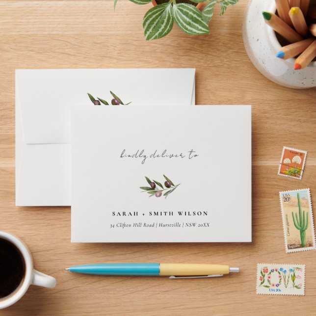 Rustic Minimal Olive Branch Foliage Wedding RSVP Envelope (Desk)