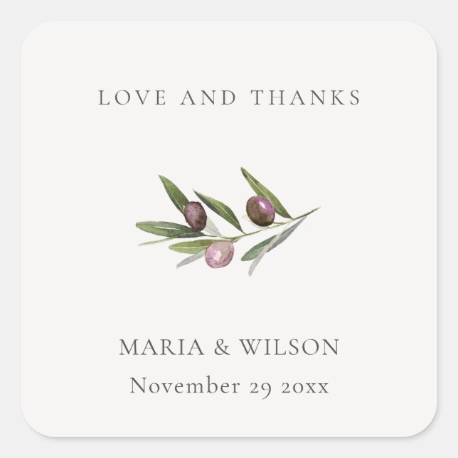 Rustic Minimal Olive Branch Foliage Wedding Thanks Square Sticker (Front)