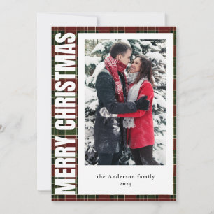 Rustic Minimal Photo Red Plaid Merry Christmas Holiday Card