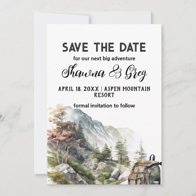 Rustic Minimalist Backpack Mountain Save the Date Invitation (Front)