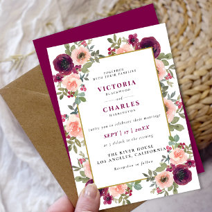 Rustic Minimalist Blush Watercolor Floral Wedding Invitation