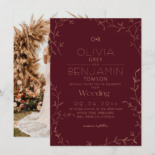 Rustic Minimalist Burgundy Gold Wedding Invitation