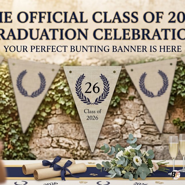 Rustic Minimalist Burlap Navy Laurel Wreath 2026 G Bunting (#graduation)