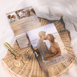 Rustic Minimalist Elegant Wood & 5 Photos Wedding Invitation