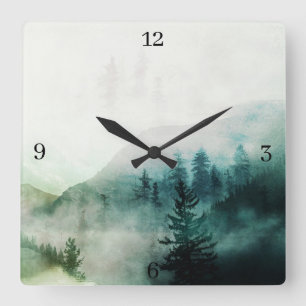 Rustic Minimalist Forest Nature Trees Mountains Square Wall Clock