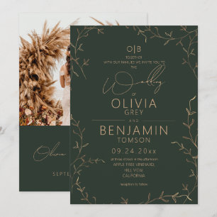 Rustic Minimalist Gold Green Botanical Wedding Invitation