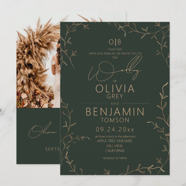 Rustic Minimalist Gold Green Botanical Wedding Invitation (Front/Back)