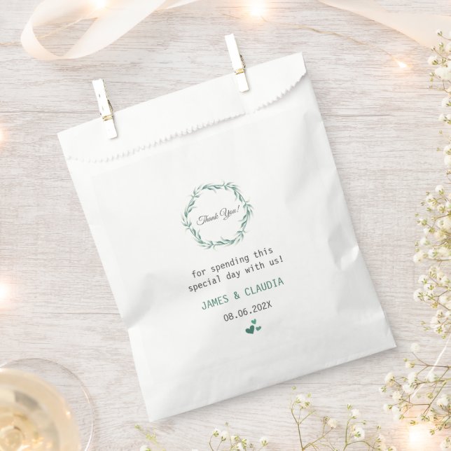 Rustic Minimalist Green Floral And Script Wedding Favour Bags (Clipped)