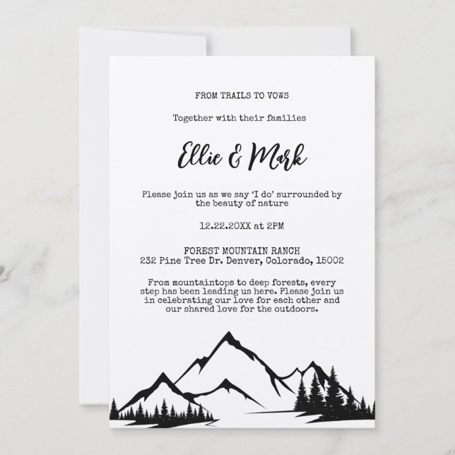 Rustic Minimalist Mountain Black White Wedding  Invitation (Front)