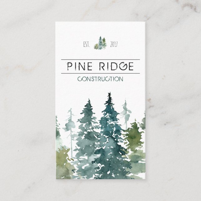 Rustic Minimalist Watercolor Pines Business Business Card (Front)