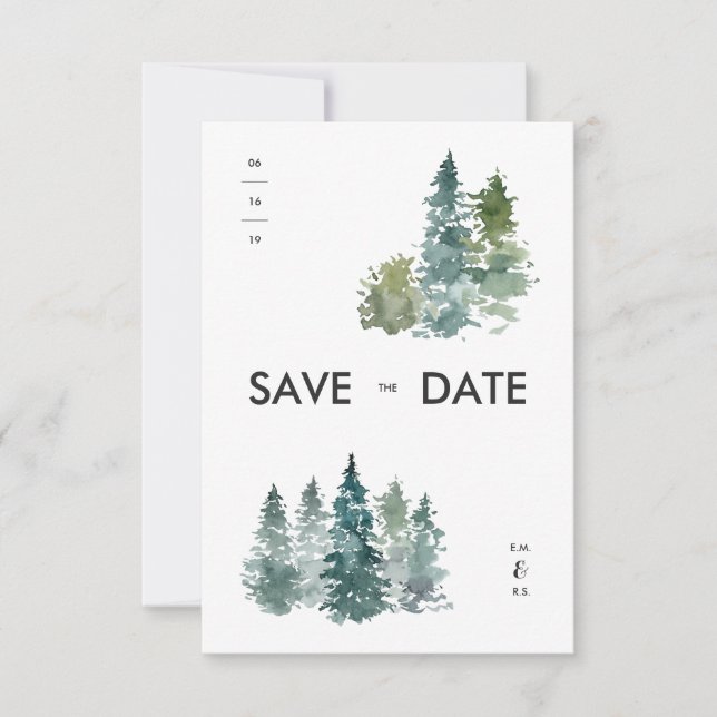 Rustic Minimalist Watercolor Pines Save the Date (Front)