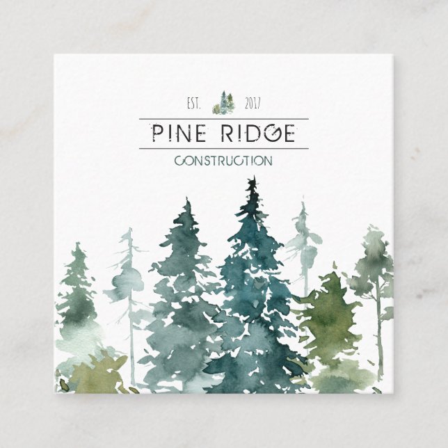 Rustic Minimalist Watercolor Pines Square Business Card (Front)