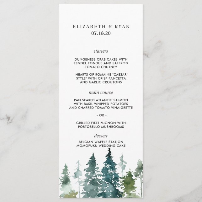 Rustic Minimalist Watercolor Pines Wedding Menu (Front)