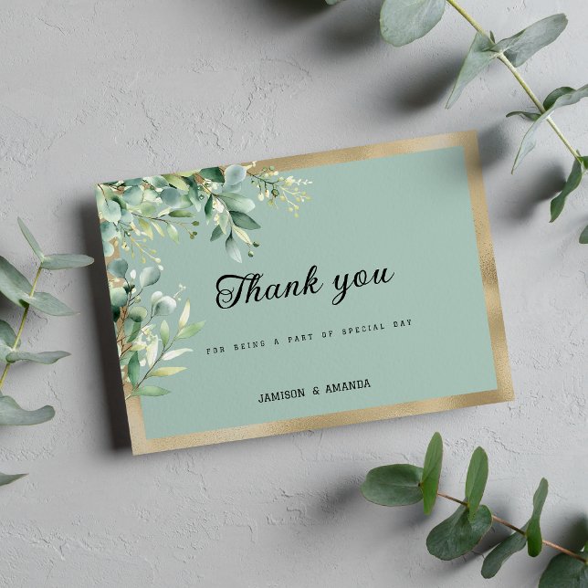 Rustic mint gold eucalyptus olive leaves Thank You Invitation (Rustic mint gold eucalyptus olive leaves Thank You)