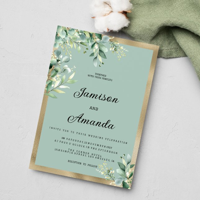 Rustic mint gold eucalyptus olive leaves Wedding Invitation (Rustic mint gold eucalyptus olive leaves Wedding )