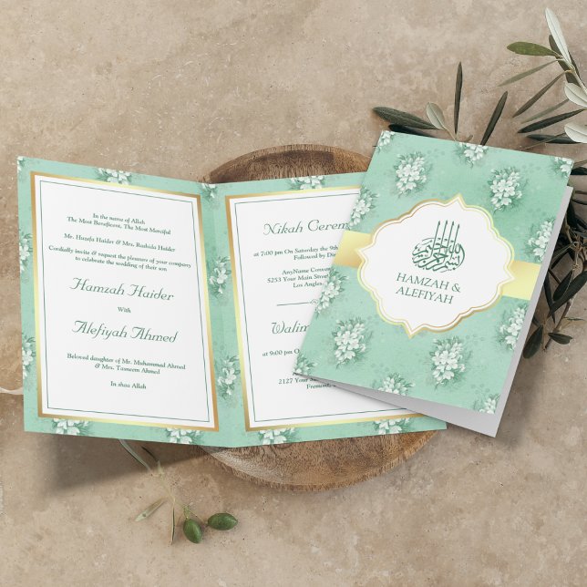 Rustic Mint Green and White Floral Muslim Wedding Invitation (Creator Uploaded)