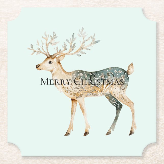 Rustic Mint Green Gold Cream Christmas Deer Paper Coaster (Front)