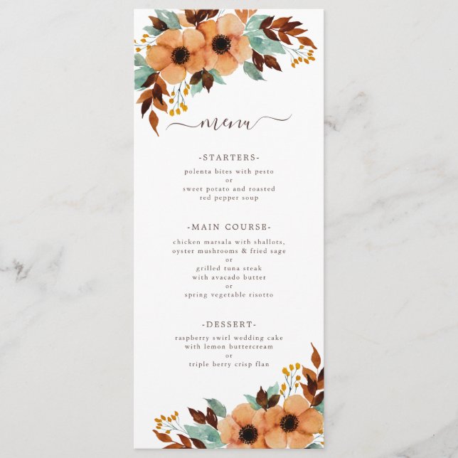 Rustic Mint Green Watercolor Floral Wedding Menu (Front)