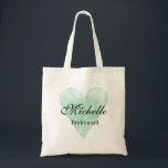 Rustic mint heart bridesmaid tote bags for wedding<br><div class="desc">Personalised bridesmaid tote bag with vintage mint green watercolor heart. Romantic love symbol water colour painting design with elegant script calligraphy typography. Cute gift idea for stylish bride to be and bride's entourage. Personalise this pretty template for brides crew / team. Create your own for trendy brides maids, maid of...</div>