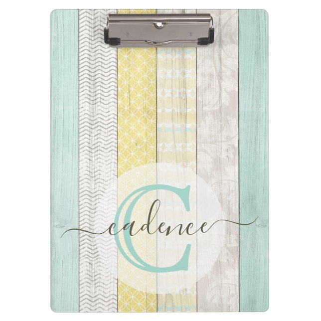 Rustic Mint & Yellow Boho Geo Modern Personalised Clipboard (Front)