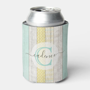 Rustic Mint & Yellow Boho Geo Modern Personalized Can Cooler