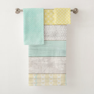 Rustic Mint & Yellow Boho Geometric Modern Cottage Bath Towel Set