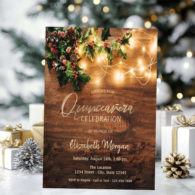 Rustic Mistletoe,String Lights,Wood  Quinceañera Invitation (Creator Uploaded)