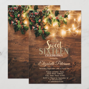 Rustic Mistletoe,String Lights,Wood Sweet 16 Party Invitation