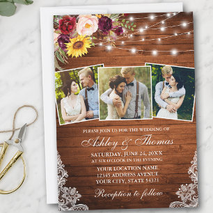 Rustic Mixed Floral Lights Lace 3 Photo Wedding Invitation