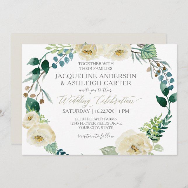 Rustic Modern Alabaster Rose Eucalyptus Wreath Invitation (Front/Back)