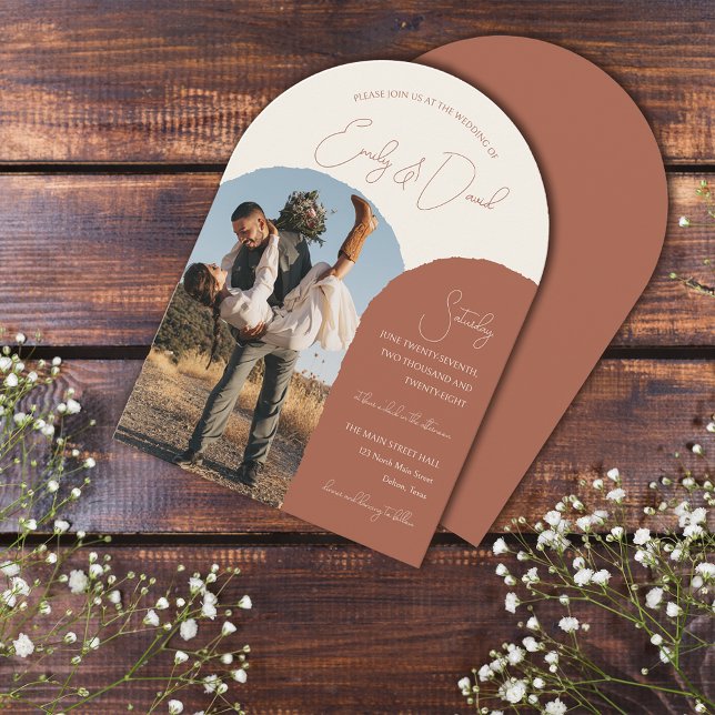 Rustic Modern Arch Terracotta Beige Photo Wedding Invitation (Creator Uploaded)