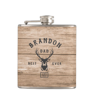 Rustic Modern BEST DAD EVER Custom Name Year Wood Hip Flask