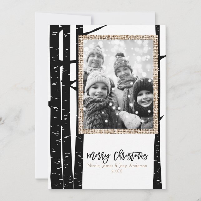 Rustic Modern Black Birch & Burlap Holiday Photo Card (Front)