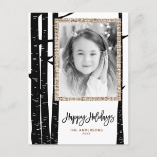Rustic Modern Black Birch & Burlap Holiday Photo Postcard