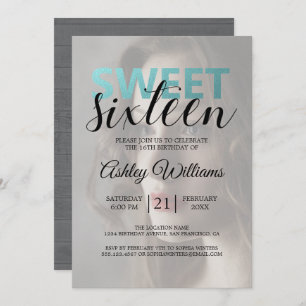 Rustic Modern Blue Foil Elegant Sweet 16 Photo Invitation