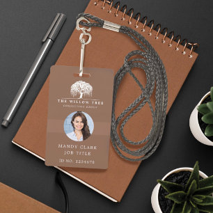 Rustic Modern Brown & White Willow Tree Logo Photo ID Badge