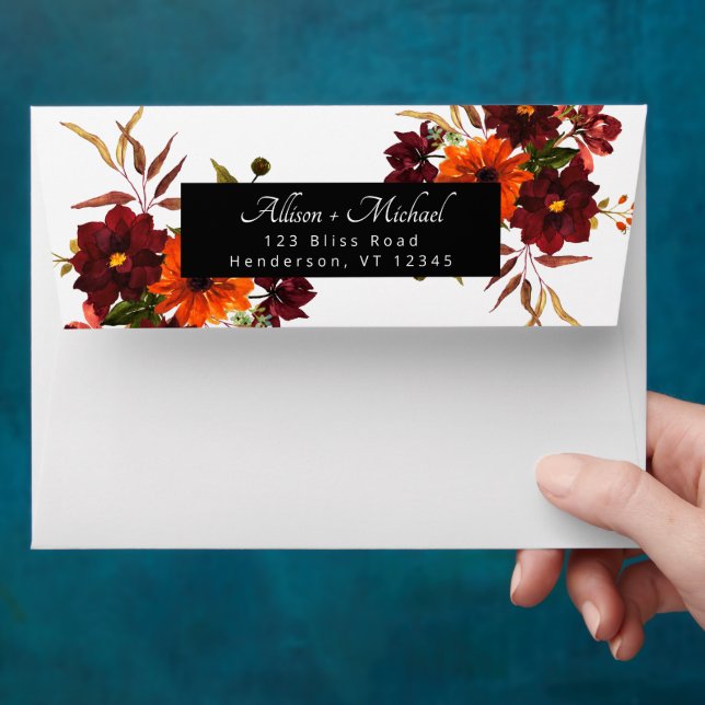 Rustic Modern Burgundy Orange Fall Floral Wedding Envelope (Hand)