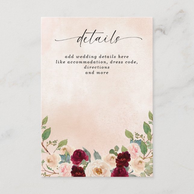 Rustic Modern Burgundy Peach Floral Fall Wedding Enclosure Card (Front)
