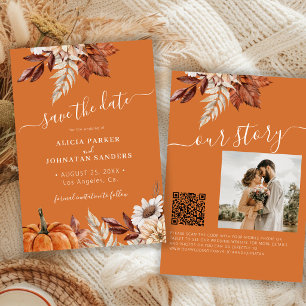 Rustic modern burnt orange floral QR code wedding Save The Date