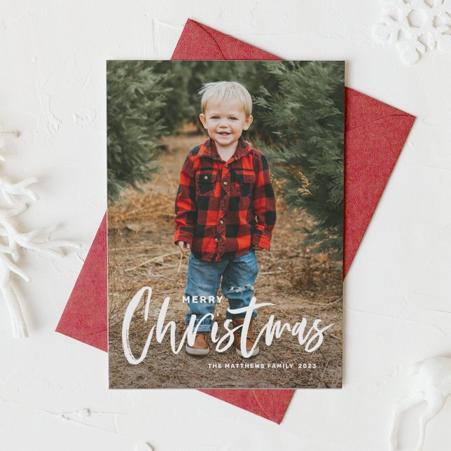Rustic Modern Calligraphy Merry Christmas Photo Holiday Card (Creator Uploaded)