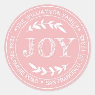 Rustic Modern Christmas Joy Return Address Pink Classic Round Sticker