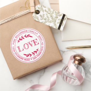 Rustic Modern Christmas Love Return Address Red Classic Round Sticker