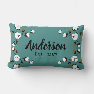 Rustic Modern Cotton Flowers & Teal Lumbar Cushion