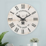 Rustic Modern Custom Family Name Farmhouse<br><div class="desc">Personalized Family Name,  city,  state and year established Rustic Modern Wall clock in a trendy farmhouse style design with roman numeral clock face,  buck illustration,  and White distressed wood plank  / shiplap backdrop design. Perfect gift for newlyweds,  housewarming present or grandparents,  or your cabin,  cottage,  or country house makeover.</div>