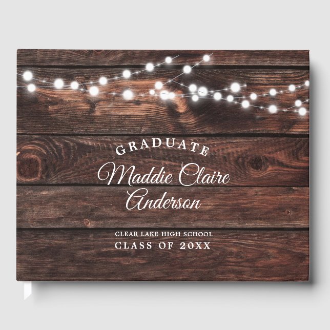 Rustic Modern Custom Graduation Wood String lights Guest Book (Front)