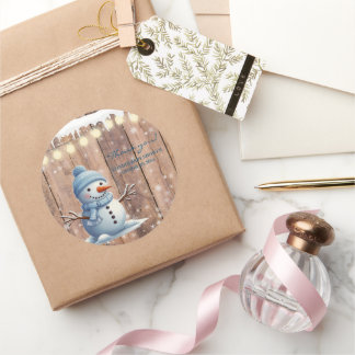 Rustic Modern Elegant Blue Snowman Baby Shower Classic Round Sticker