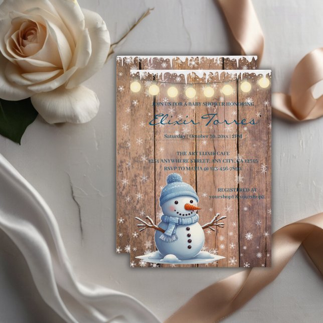 Rustic Modern Elegant  Blue Snowman Baby Shower Invitation (Creator Uploaded)