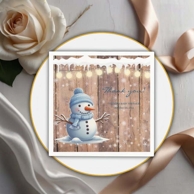 Rustic Modern Elegant Blue Snowman Baby Shower Napkin (Creator Uploaded)