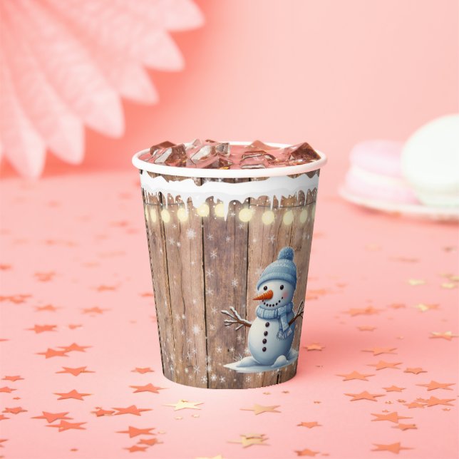 Rustic Modern Elegant Blue Snowman Baby Shower Paper Cups (Insitu)