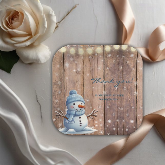 Rustic Modern Elegant Blue Snowman Baby Shower Paper Plate (Creator Uploaded)